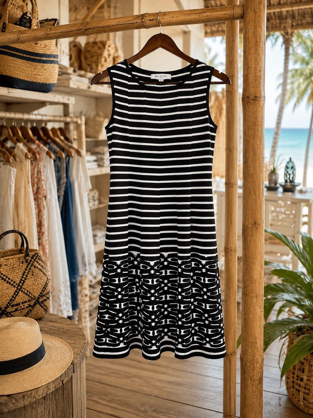 Max Studio Edit Dress XS Black White Striped Geometric Stretch Sleeveless NWT